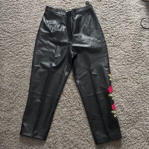 Apostrophe Black Leather Pants with Floral Appliqué Detail